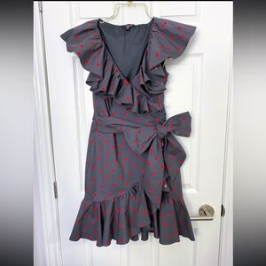 NWOT - 2008 Tara Subkoff x bebe Gray Wrap Dress with Ruffle & Red Heart Pattern